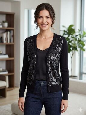 BCBG Black V-Neck Sequin Floral Cardigan